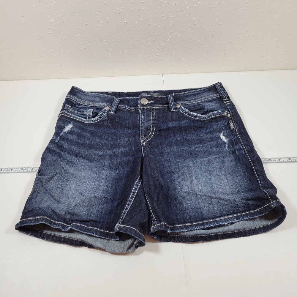 Silver Jean Suki Mid Short Women‎ Size 14 Blue Excellent Dark Wash Distressed